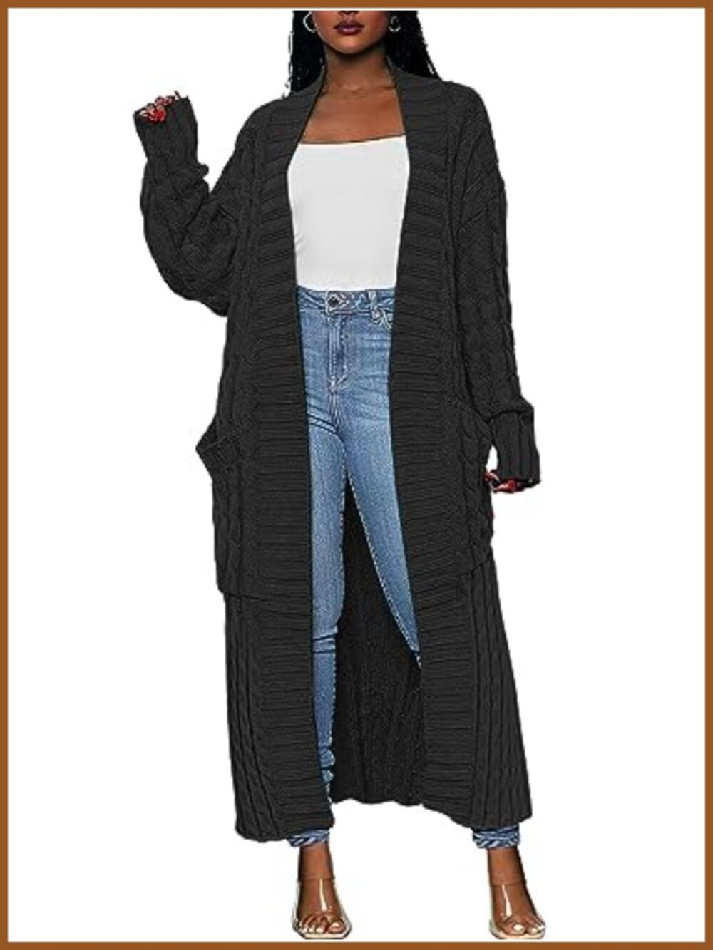 Long Open Front Cable Knit Cardigan Sweater Coat with Pockets